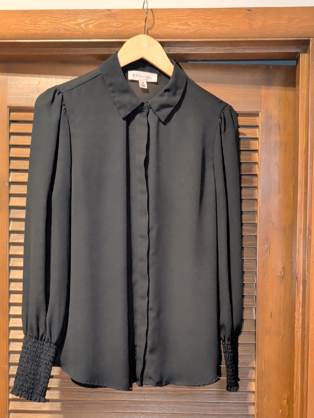 Philosophy Black Long-Sleeve Button-Down Shirt with Smocked Cuffs
